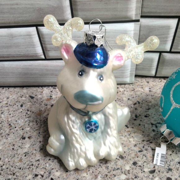 DUO: Vintage Blown Glass Reindeer & NWT Blue Glass Ornaments - Picture 2 of 7